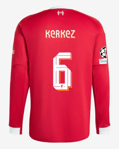 Liverpool Football Kits Shop - LFC adidas Mens 25/26 Home Long Sleeve Jersey – 6 – Milos Kerkez – UEFA Champions League Official Liverpool Third Kits & Football Shirts