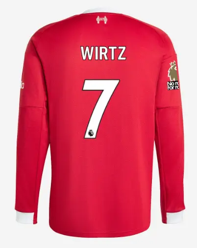 Liverpool Football Kits Shop - LFC adidas Mens 25/26 Home Long Sleeve Jersey – 7 – Florian Wirtz – Premier League Official Liverpool Third Kits & Football Shirts