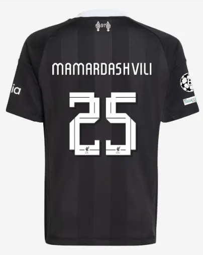 Liverpool Football Kits Shop - LFC adidas Youth 25/26 Third Short Sleeve Goalkeeper Jersey – 25 – Giorgi Mamardashvili – UEFA Champions League Official Liverpool Third Kits & Football Shirts